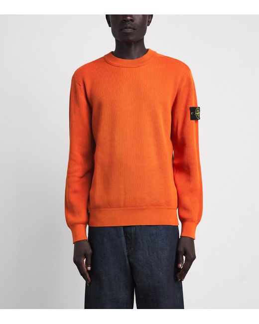 Stone Island Orange Ribbed Compass Patch Sweatshirt for men