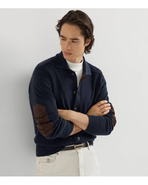 Brunello Cucinelli Blue Cashmere Suede-Trim Cardigan for men