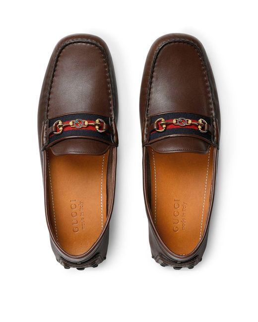 Gucci Brown Leather Web Stripe Driving Shoes for men