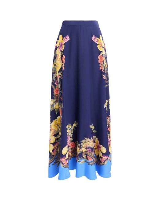 Etro Blue Silk Floral Paisley Print Maxi Skirt