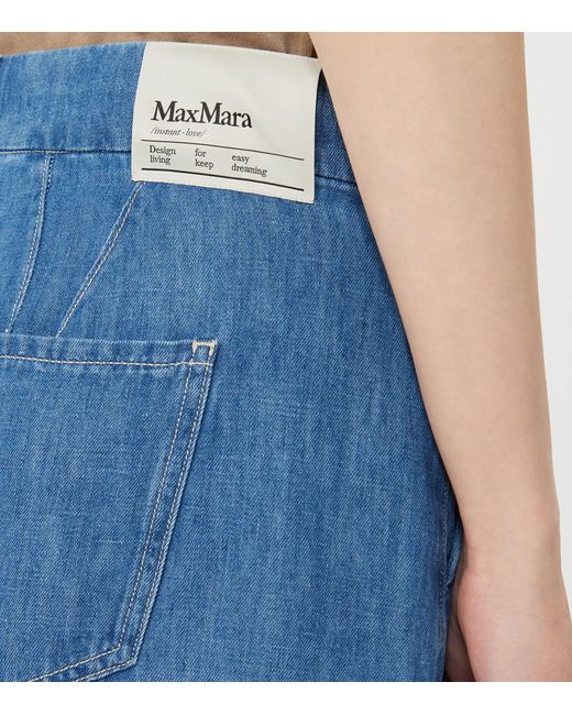 Max Mara Blue Cotton-Linen Wide-Leg Trousers