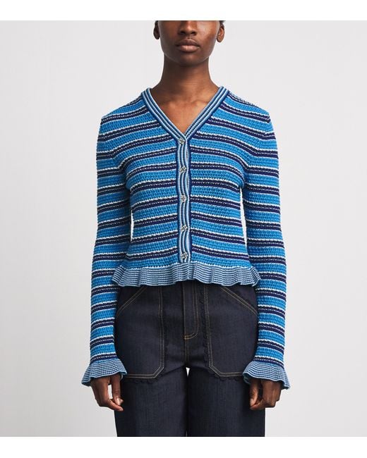 Ganni Blue Cotton Stripe Cropped Cardigan