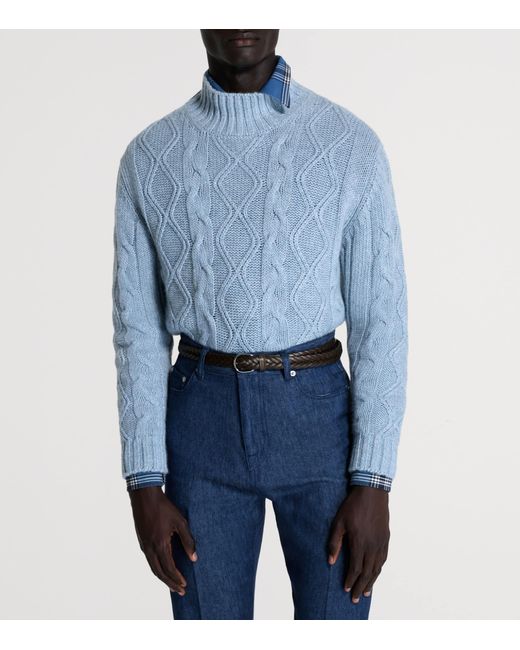 Dunhill Blue Cashmere-Blend Aran Cable-Knit Sweater for men