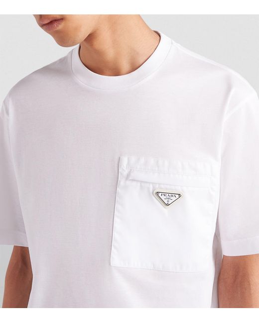 Prada White Cotton And Re-nylon Pocket T-shirt for men
