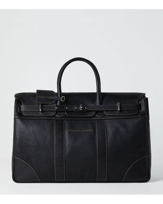 Brunello Cucinelli Black Leather Weekender Duffle Bag for men