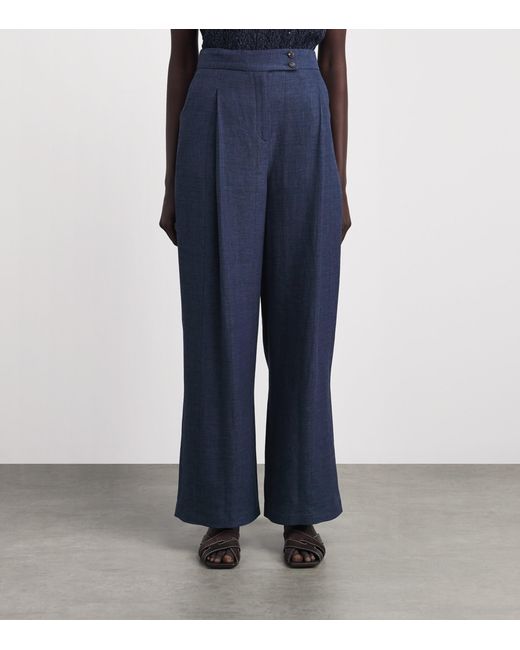 Eleventy Blue Linen-Wool-Silk-Blend Pleated Trousers