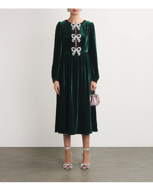 Saloni Velvet Embellished Camille Bows Midi Dress in Green | Lyst UK