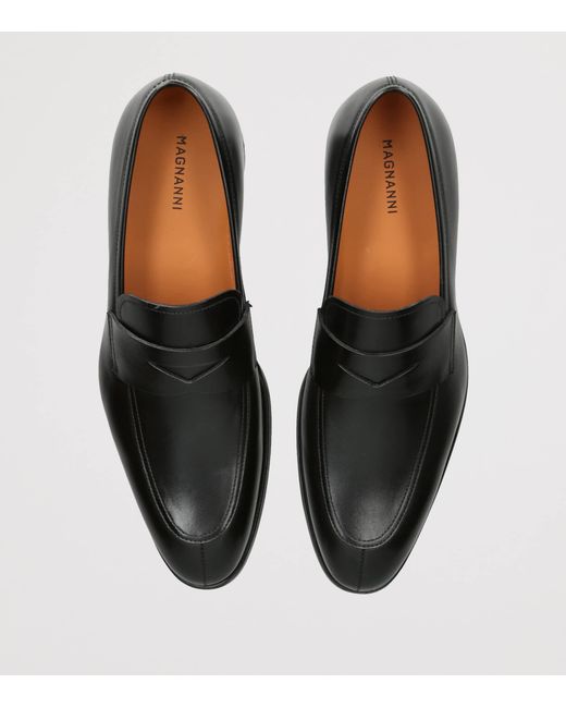 Magnanni Shoes Black Leather Madison Penny Loafers for men