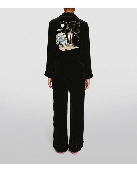 Olivia Von Halle Black Velvet-silk Embellished Coco Pyjama Set