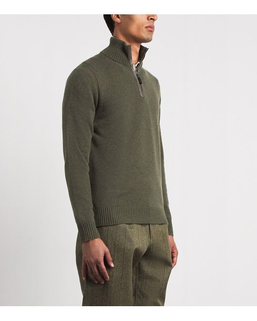 James Purdey & Sons Green Cashmere Leather Trim Quarter-Zip Sweater for men