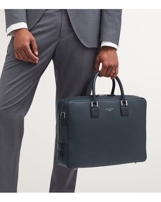 Aspinal Blue Leather Mount Street Briefcase Bag for men