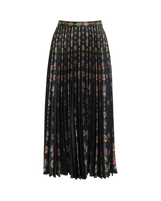 Saloni Black Satin Pendant Stripe Print Pleated Midi Skirt