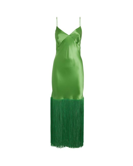 Olivia Von Halle Green Silk Fringed Zoya Midi Dress