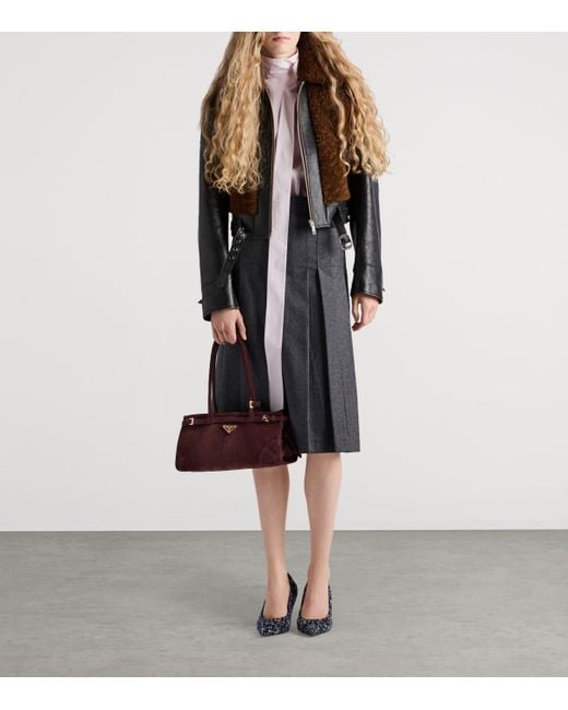 Prada Brown Belted Shearling-Trimmed Leather Jacket