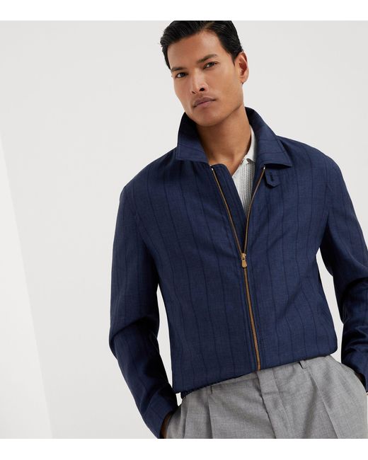 Brunello Cucinelli Blue Wool-linen Blend Striped Bomber Jacket for men