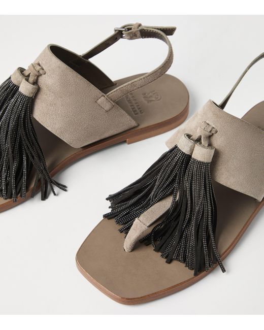 Brunello Cucinelli Brown Suede Precious Tassel Sandals