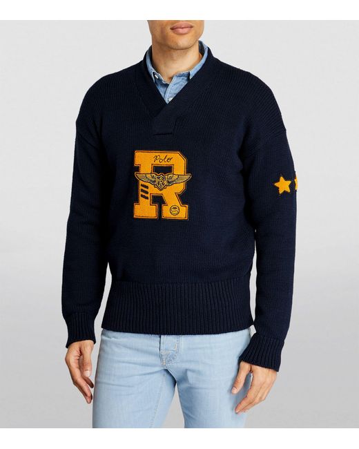 Polo Ralph Lauren Blue Patch-detail V-neck Sweater for men