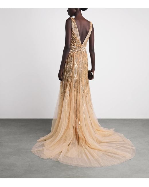 Pamella Roland Natural Tulle Embellished V-Neck Gown