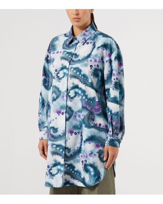 Marina Rinaldi Blue Cotton Printed Midi Shirt Dress