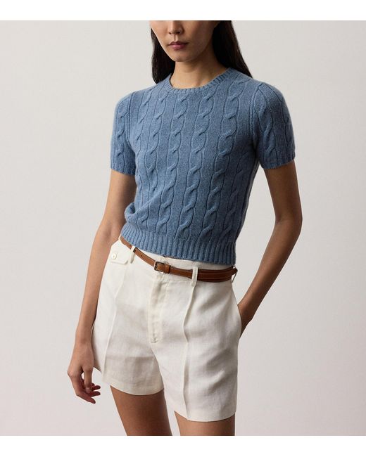 Ralph Lauren Blue Cashmere Cable-Knit Cropped Sweater