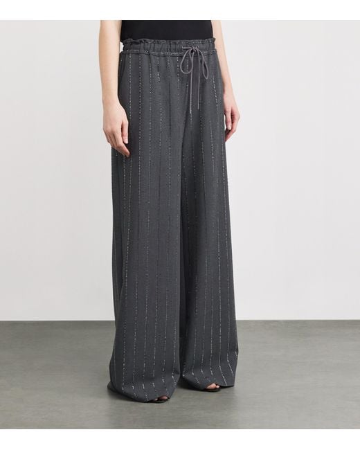 Self-Portrait Gray Embellished Pinstripe Wide-Leg Trousers