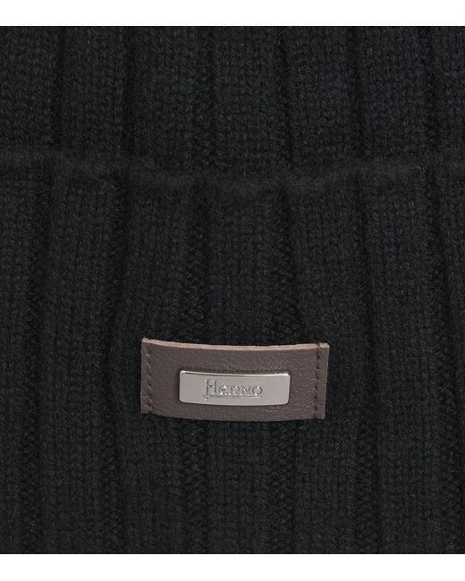 Herno Black Cashmere Logo Patch Beanie for men