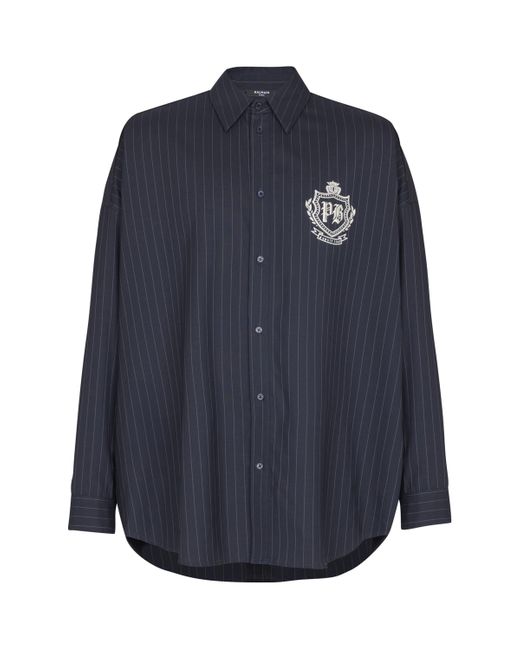 Balmain Blue Virgin Wool College Emblem Shirt for men