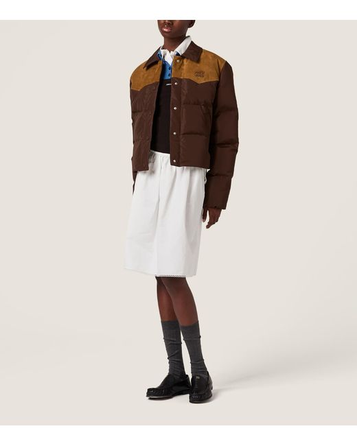 Miu Miu Brown Leather-Trim Down-Filled Jacket