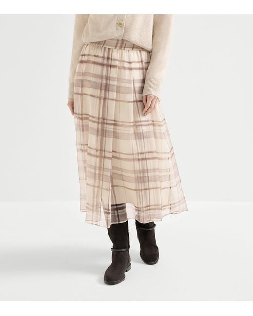 Brunello Cucinelli Natural Silk Check Midi Skirt