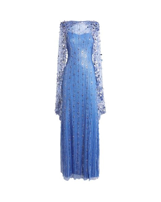 Jenny Packham Blue Embellished Blaize Cape Gown