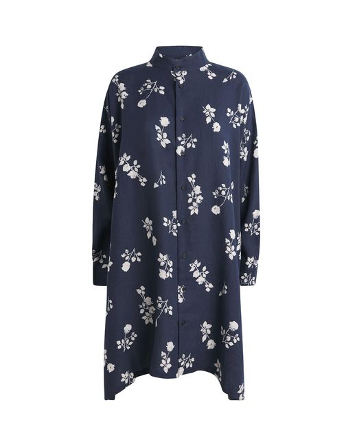 Eskandar Blue Linen Floral Midi Shirt Dress