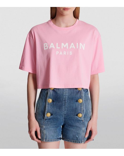 Balmain Pink Cropped Logo T-shirt