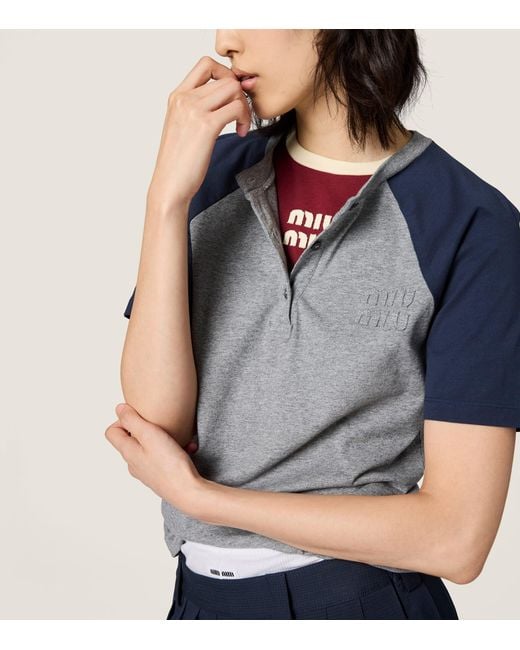 Miu Miu Blue Cotton Jersey Henley T-Shirt