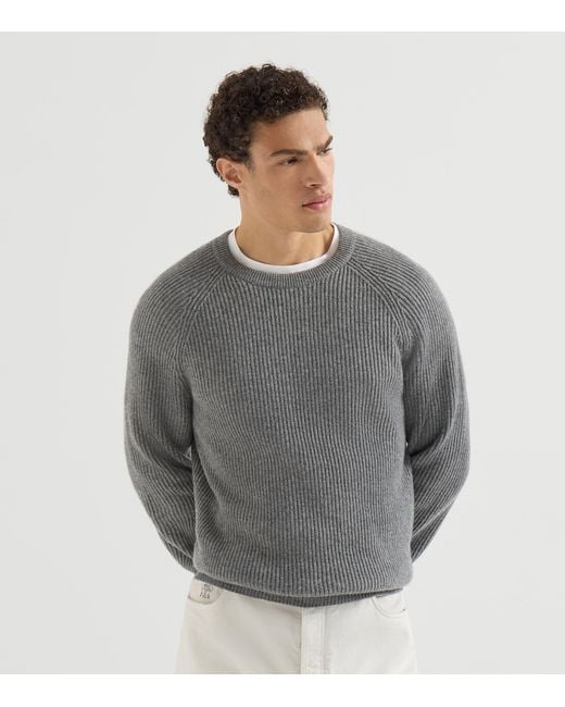 Brunello Cucinelli Gray Cashmere Ribbed Sweater for men