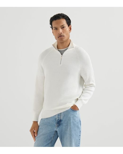 Brunello Cucinelli White Cotton Rib-Knit Quarter-Zip Sweater for men
