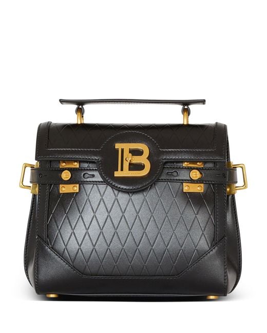 Balmain Black Leather Grid B-buzz 23 Shoulder Bag