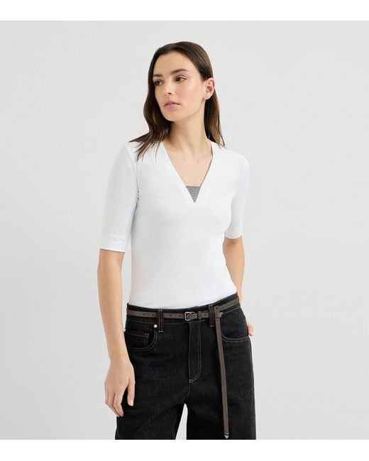 Brunello Cucinelli White Monili V-Neck T-Shirt