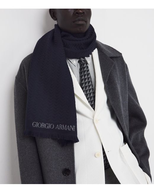 Giorgio Armani Blue Wool Geometric Print Scarf for men