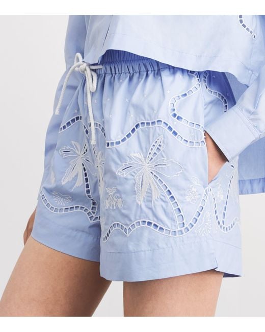 Sandro Blue Cotton Embroidered Open-Work Shorts