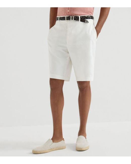 Brunello Cucinelli White Cotton Gabardine Bermuda Shorts for men