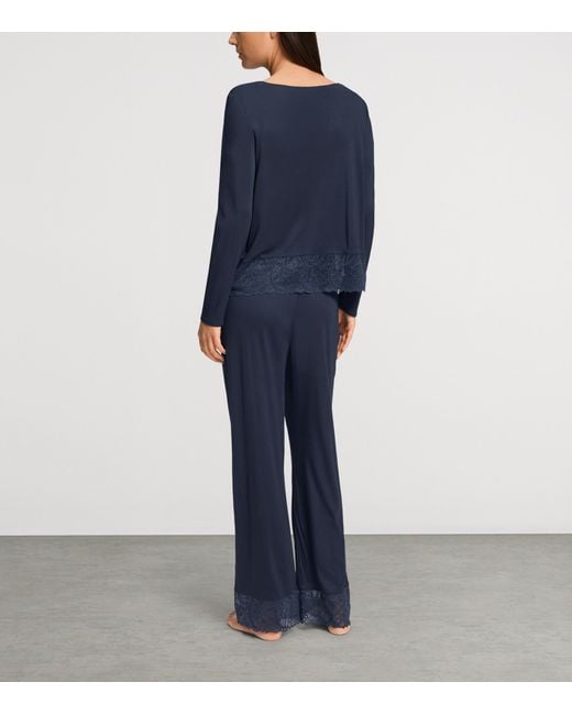 Hanro Blue Lace-Trim Long-Sleeve Pyjamas
