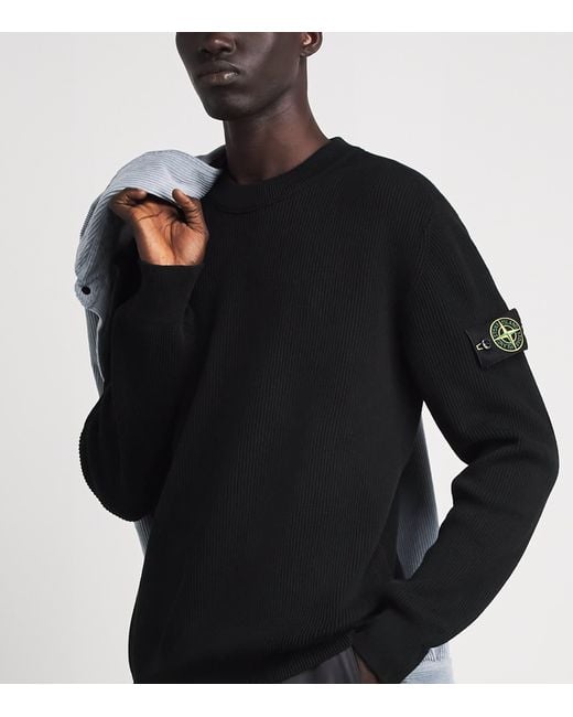 Stone Island Black Cotton Rib-Knit Compass Sweater for men