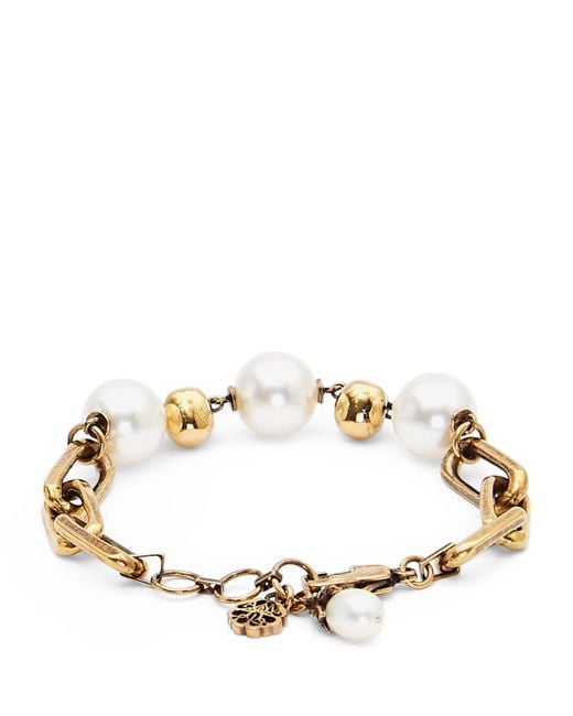 McQueen Metallic Faux Pearl And Skull Bracelet for men