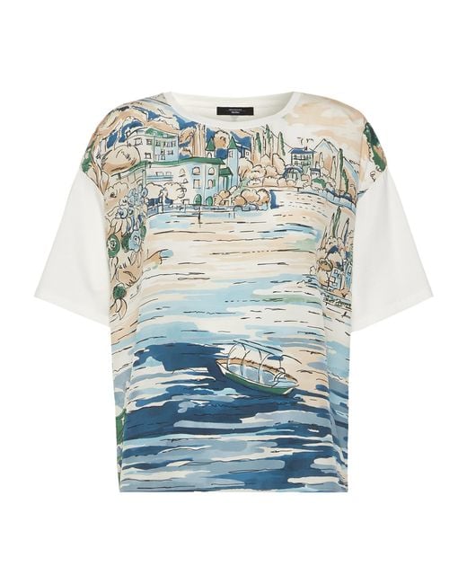 Weekend by Maxmara Blue Stretch-Cotton Silk-Trim Printed T-Shirt