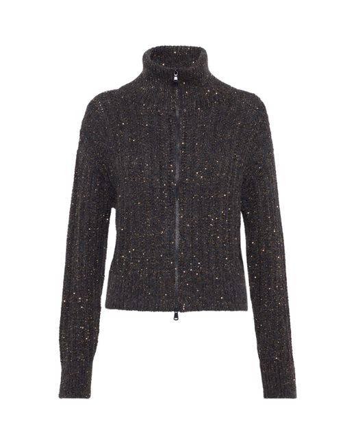 Brunello Cucinelli Black Sequin-Embellished High-Neck Cardigan