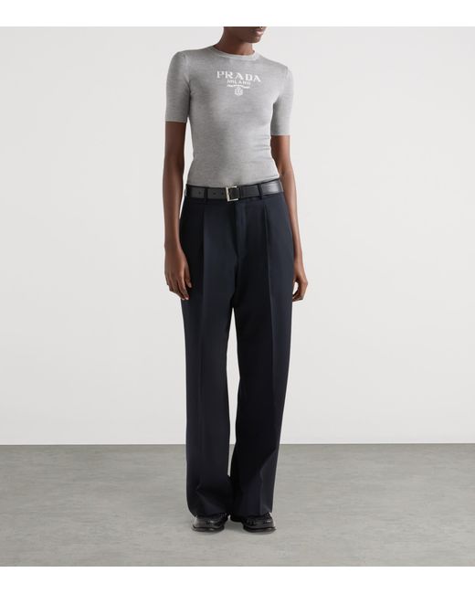 Prada Gray Silk Logo Longline T-Shirt