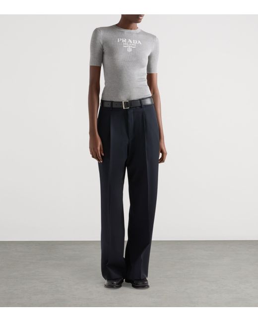 Prada Gray Silk Logo Longline T-Shirt