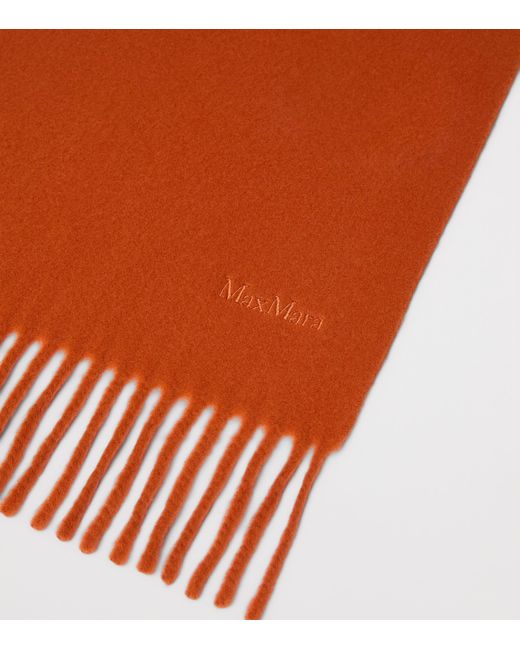 Max Mara Orange Wool Fringed Logo Scarf