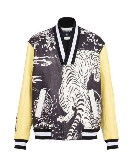 Balmain Black Leather Tiger Varsity Jacket for men