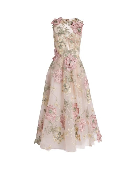 Marchesa Natural Floral-Embroidered Midi Dress